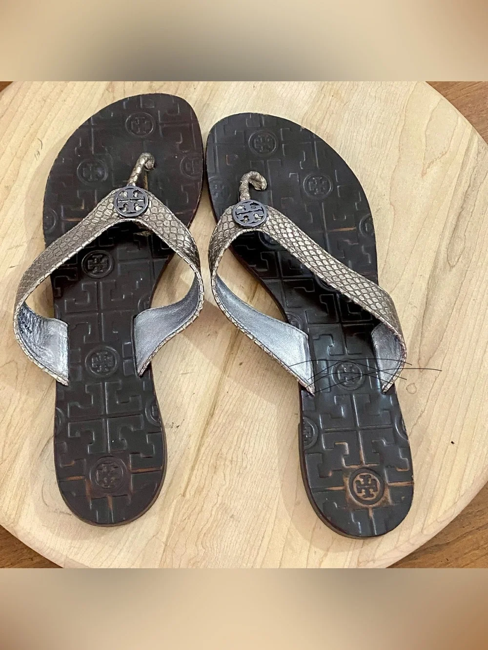 Tory Burch Thora Thong Flip Flop Sandals Snakeskin Brown Leather Metallic Sz 9 M